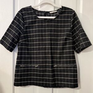 41 Hawthorne Windowpane Plaid Short Sleeve Top Zipper Detail Medium